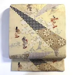 5k2047 名古屋帯　絹　人物文　ベージュ　ピンク　紫　白　茶色　花柄　和装