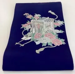 名古屋帯 御所車 牡丹 刺繍 紺色のサムネイル