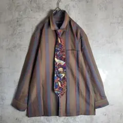 【ネクタイシャツ】ストライプ 赤 総柄 モード 古着