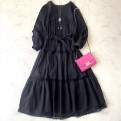 シップス☆定価1.5万 洗える レースフリルワンピース ギャザー 黒