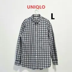 ユニクロ　長袖　シャツ　グレー　チェック　メンズ　L　ボタンダウン　綿　送料無料