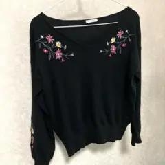 COLZA 花柄刺繍 長袖ニット ブラック