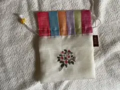 リネン刺繍花柄巾着袋