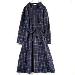 【index】 チェック ネイビー シャツワンピース Aライン ベルト付 M