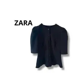 【ザラ】ノーカラー　シャツ　ブラウス　半袖　可愛い　フリル　黒　M