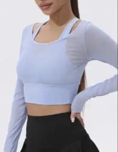 SHEIN ヨガウェア パット付き メッシュ長袖クロップドTシャツのサムネイル