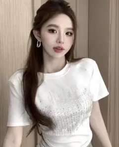 ラインストーン装飾 半袖Tシャツ ホワイト