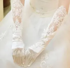 ウェディング　ロング　サテン　レース　グローブ　ホワイト　ブライダル結婚式　手袋