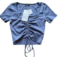 ZARA フロント ギャザー トップス ドロスト 半袖 ブルー