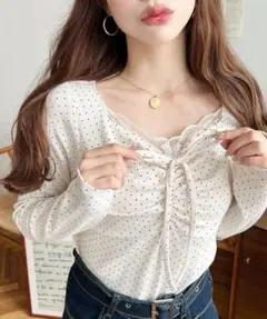 moment+ モーメントプラス ドットフロントレースギャザーリボン長袖トップス