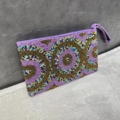 美品☆ポーチ 刺繍 ビーズ パープル　紫