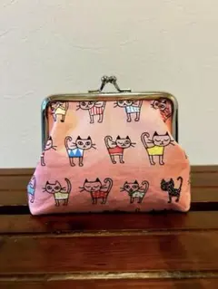 がま口財ポーチ財布　並んだ猫さんピンク