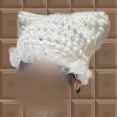 ハンドメイド 猫耳付き白い毛糸帽子 ニット帽
