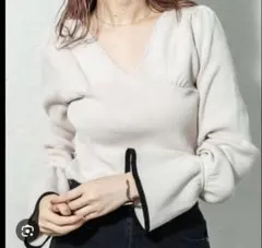 ミスティック　リブ編み　mystic 袖パフVネックリブニット 2way