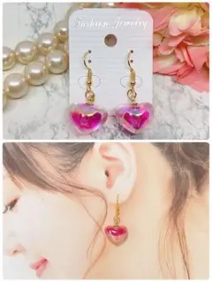 ハンドメイドピアス❤️大人可愛いオーロラピンクのぷっくりハートピアス❤️推し活