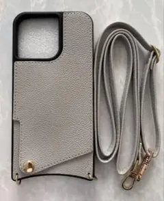 iPhone14シンプルレザーソフトケース&ストラップセット灰色グレー
