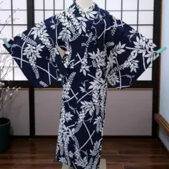裄63 身丈152☆綿反物からお仕立て本格浴衣 ゆかた 濃紺に藤と笹竹模様 良好
