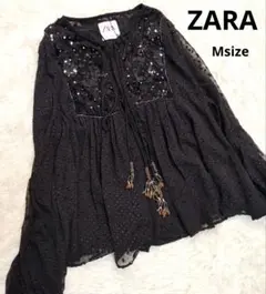雑誌掲載 新品 ZARA 刺繍 ビーズ ブラウス 前開き黒 M