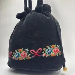 良品✨ レイクアルスター トートバッグ パイル生地 巾着型 花柄 黒 金具