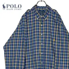 USA古着 ポロラルフローレン チェック柄シャツ ブルー系 長袖BDシャツXL