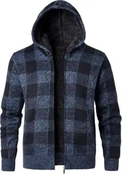 メンズ フード付きカーディガン 長袖ニットセーター チェック柄 フリース裏地付き