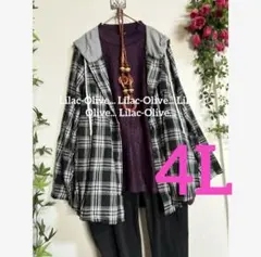 5653新品⭐️ 4L＊フード付チェック柄ゆったりシャツパーカー大きいサイズ