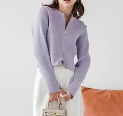 ダブルジップ 長袖 リブ カーディガンショート丈 トップス ニット Wジップ