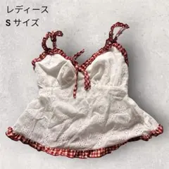 コットン刺繍 キャミソール フリル 赤チェック ガーリー 夏トップス