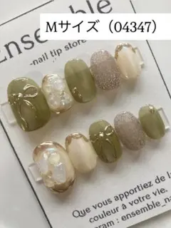 【ネイルチップ現品販売】作品no.4 Olive Ribbon GlowMサイズ