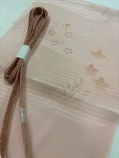 帯締め帯揚げセット　夏用　新品　正絹　サーモンピンク　桔梗と撫子　レース編み