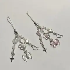 ビーズキーホルダー ピンク 白 ハートリボン 羽 コレクトブック 韓国 平成