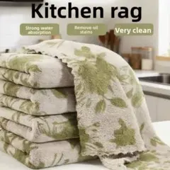 キッチンクロス　吸水性抜群　油汚れに強い　ふきん　5枚セット　花柄　モスグリーン