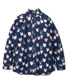 未使用保管品/タグ付き　ラミーコットン総柄プリントショールカラーシャツ/ねこ/猫