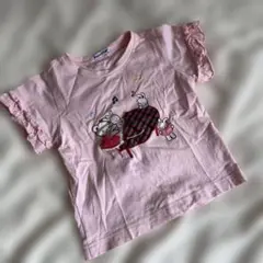 ファミリア　ピアノウサギ刺繍 ピンク フリル袖 Tシャツ 100cm