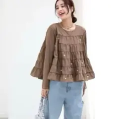ダブルスタンダード ブロードブラウス フリル ペプラム くるみ釦 