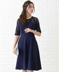 ネイビー レース袖 Aラインドレス Sサイズ