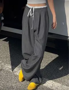 グレー ストライプ スラックス ドローストリング