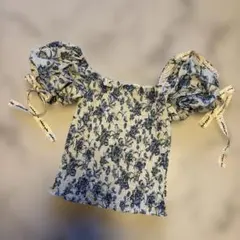 エイミーイストワール　パフスリーブ　ブラウス　花柄　リボン　ブルー