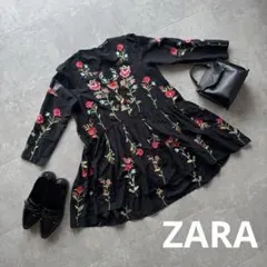 【ZARA】 ザラ　花柄　M 刺繍入り　ミニワンピース　Aライン　ブラック