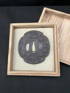 刀鍔（鐔）鉄製 刀装具 象嵌 船 銘あり 時代刀装具 侍 骨董品 箱付き