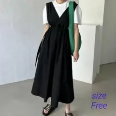 サロペットジャンパースカート　サイドリボン　Ｖネックワンピース