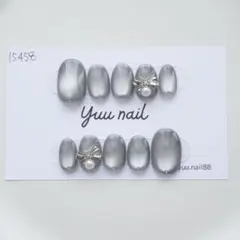 ネイルチップ　マグネットネイル　グレー　シルバー　リボン　y2k 推し活