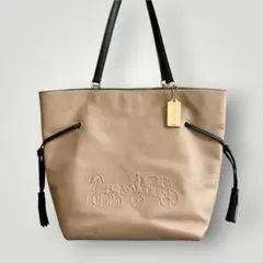 COACH トートバッグ レザー ベージュ ブラック 馬車ロゴ 大容量 A4可