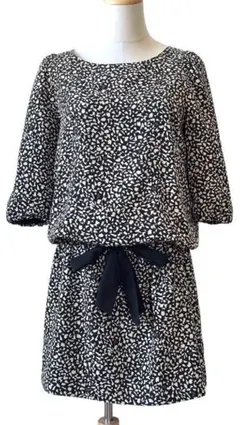 【美品】simplicite 総柄ワンピース／ウエストリボン付き 七分袖