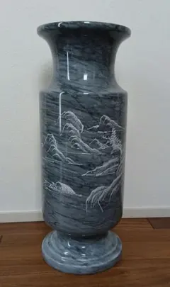 大理石製　彫刻模様　ブラックグレー花瓶　壺　高さ45.5㎝　高級感　中古美品