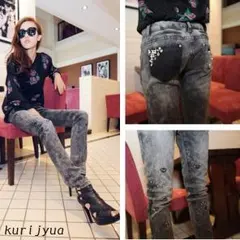 大きいサイズ☆キラキラストーン付き☆ブラック美脚セレカジ スキニーデニムパンツ