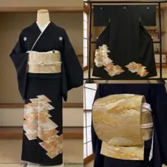 美品　黒留袖 袋帯　５点セット　結婚式　正絹　末広　松皮菱花鳥文　五つ紋のサムネイル