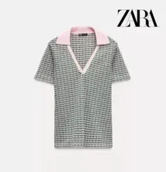 ZARA グリーンピンク チェック柄 Vネックポロシャツ