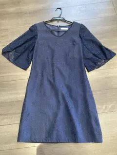 ネイビー レース Vネック フレアスリーブ ドレス