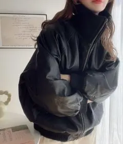 【美品】JaVa フェイクレザー中綿ブルゾン ボンバージャケット 黒 M